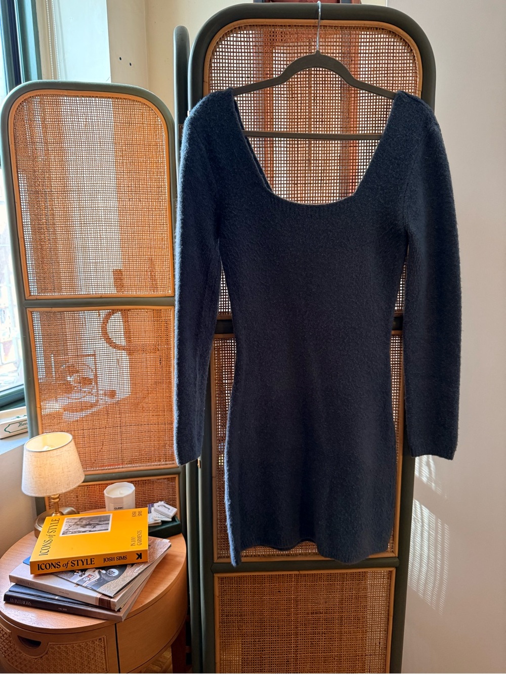 Zara Dusty Blue Boucle Knit Mini Dress Square Neck Long Sleeve Textured Size SM